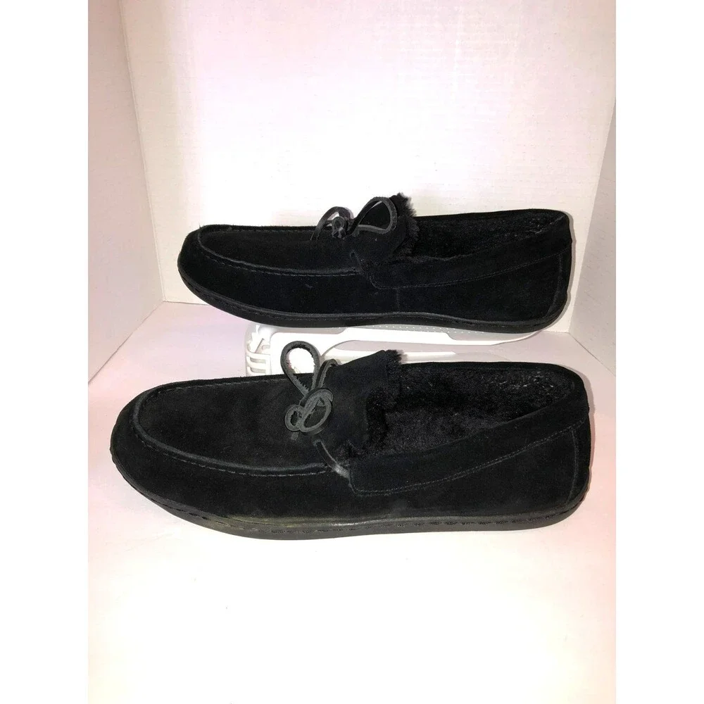 Vionic Adler Mens Size 13 Black Suede Faux Fur Lined Moccasin Slippers Shoes
